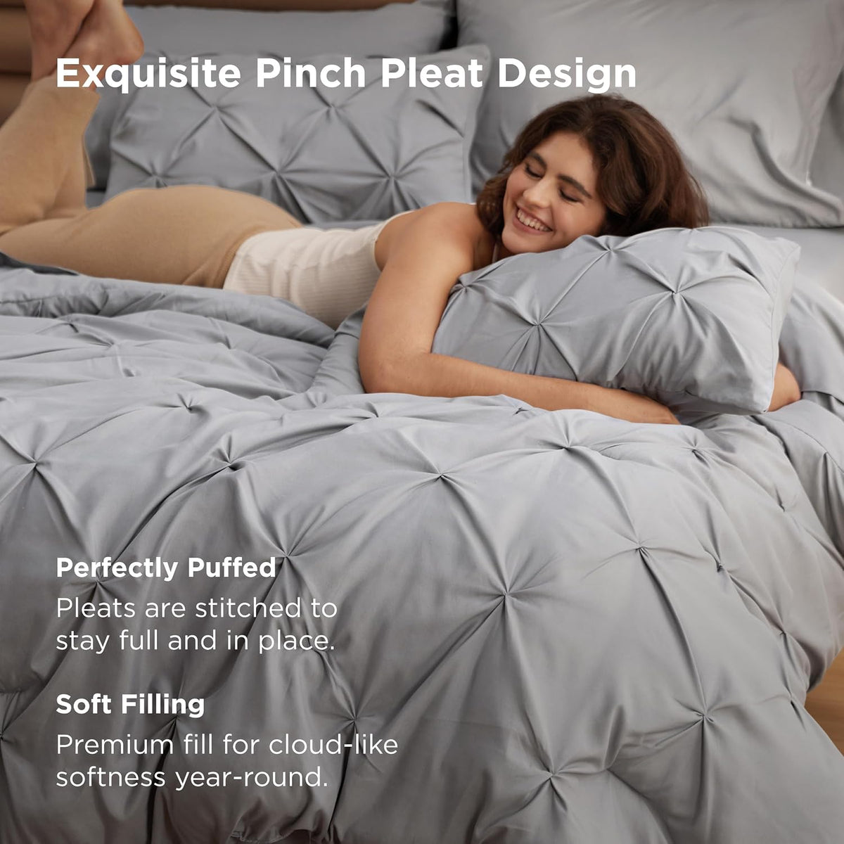 Bedsure Queen Pintuck Bedding Set, 7 Pieces, Grey