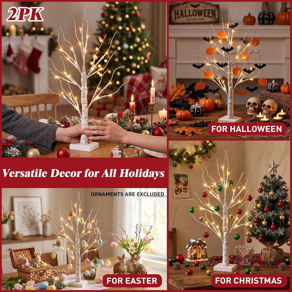 PEIDUO Lighted Birch-Style Tabletop Trees, 2 ft, Set of 2