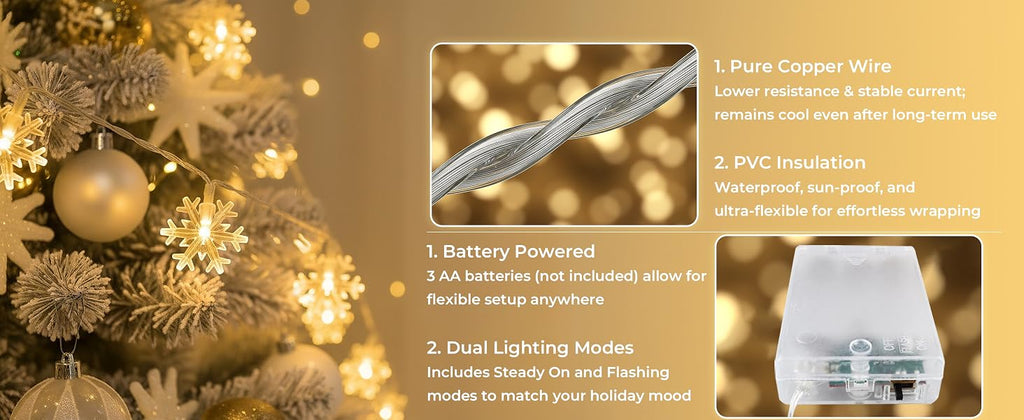 CESOF Warm White Snowflake String Lights, 20 ft