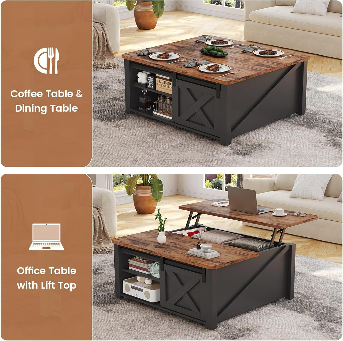 SEDETA 31.5-Inch Square Lift-Top Coffee Table, Black
