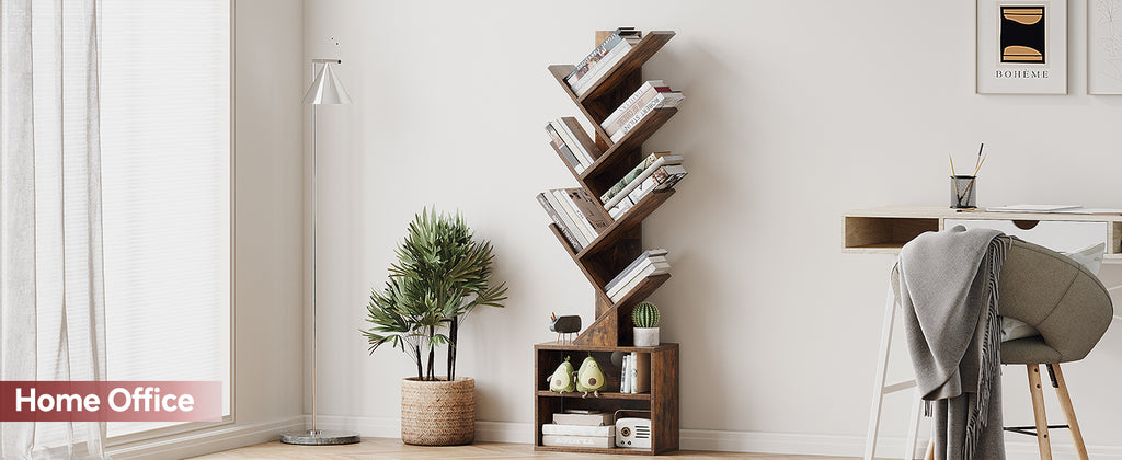 SUNMORY Six-Tier Tree Bookshelf with Storage, Brown