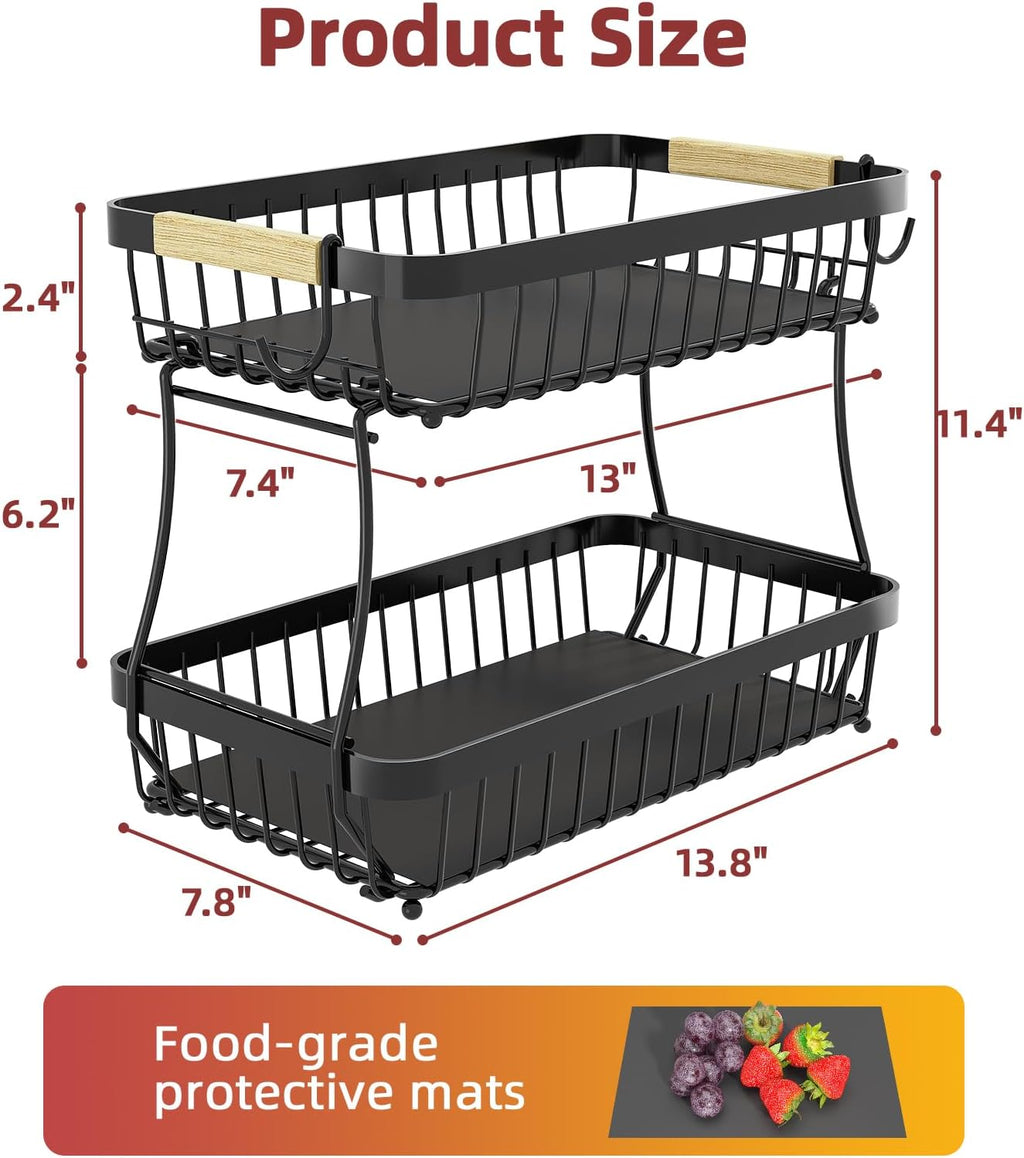 Sevenblue Two-Tier Fruit Basket with Banana Hooks, Black