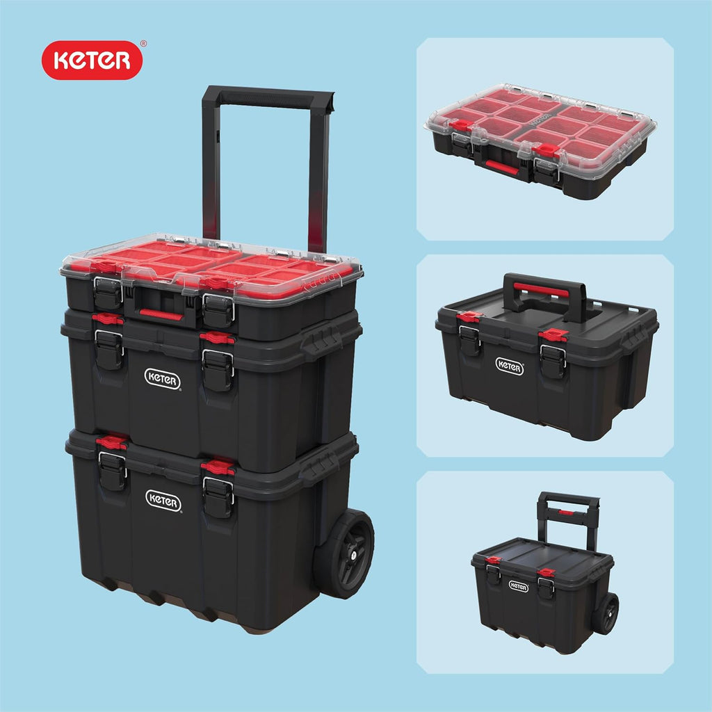 Keter 259676 Stack N Roll 3-Piece Rolling Tool Storage System – 3PC System, Black/Red – Black/Red / 3PC System – product detail
