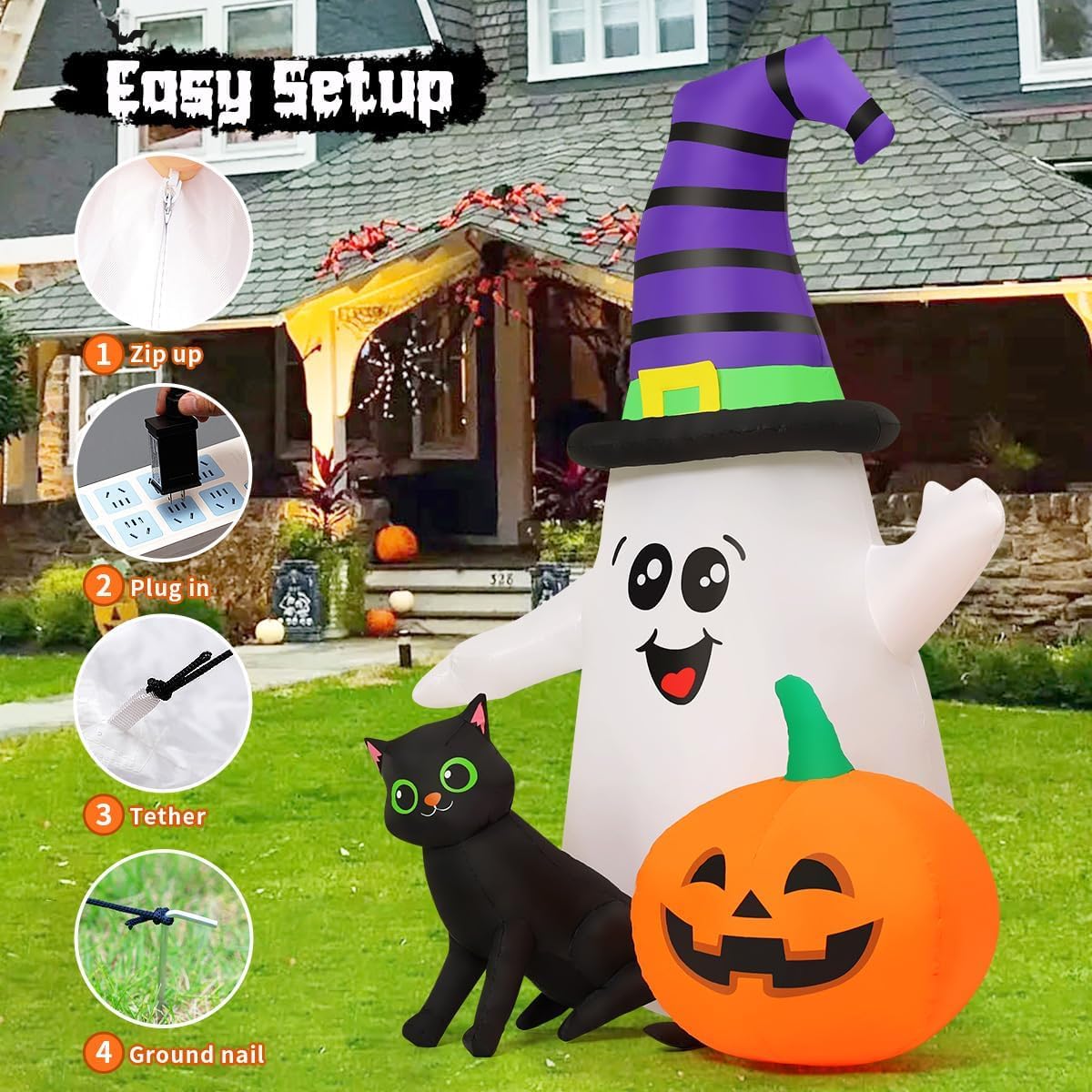 GOOSH 69471 5-Foot Halloween Ghost & Pumpkin Inflatable – white – product detail