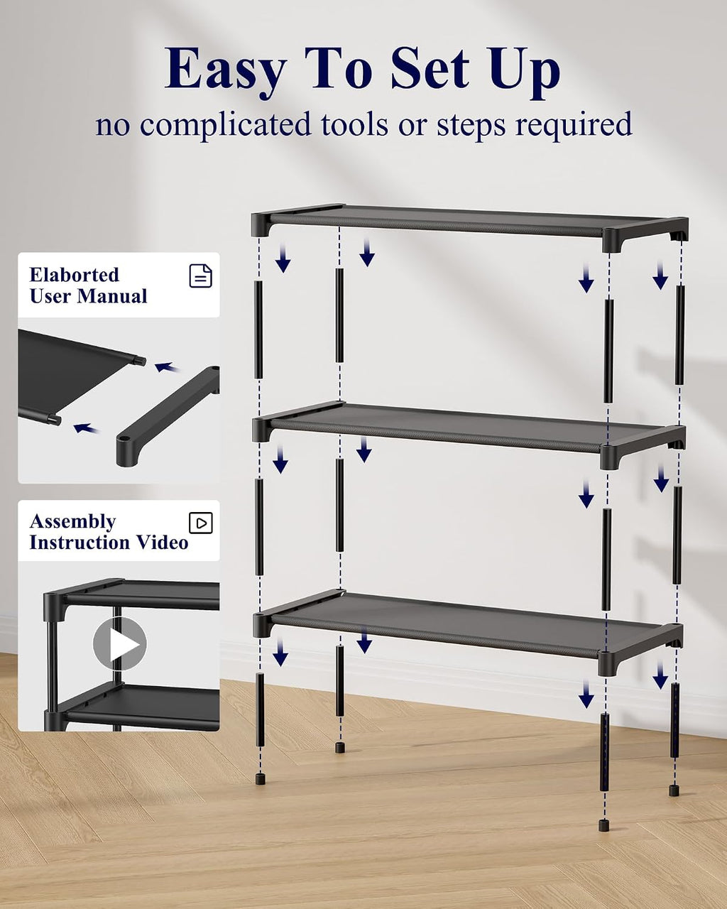 Kitsure Three-Tier Shoe Rack, Black, 27.5 in