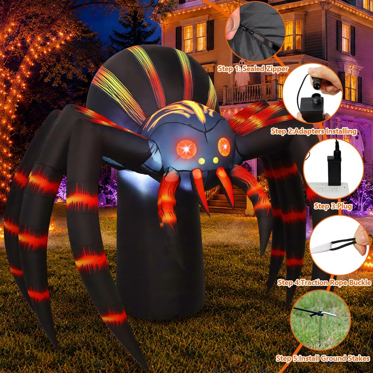 COMIN 7-Foot Halloween Striped Spider Inflatable – Orange – product detail