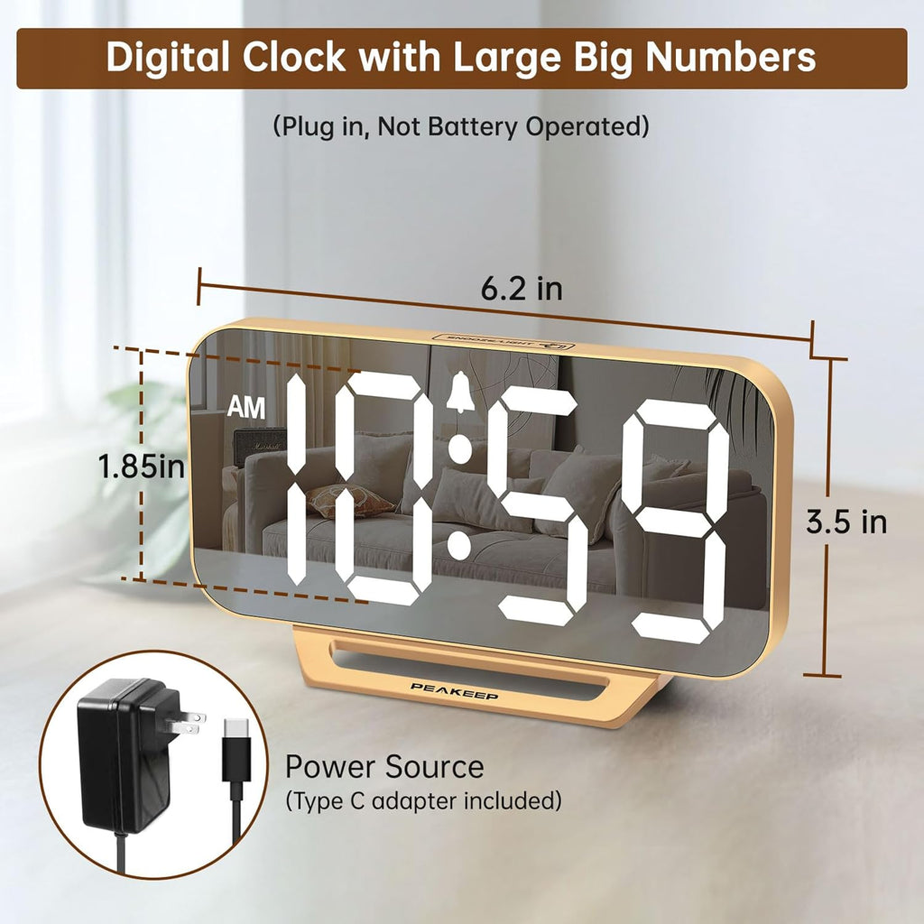 Peakeep Mirror Digital Alarm Clock, Gold