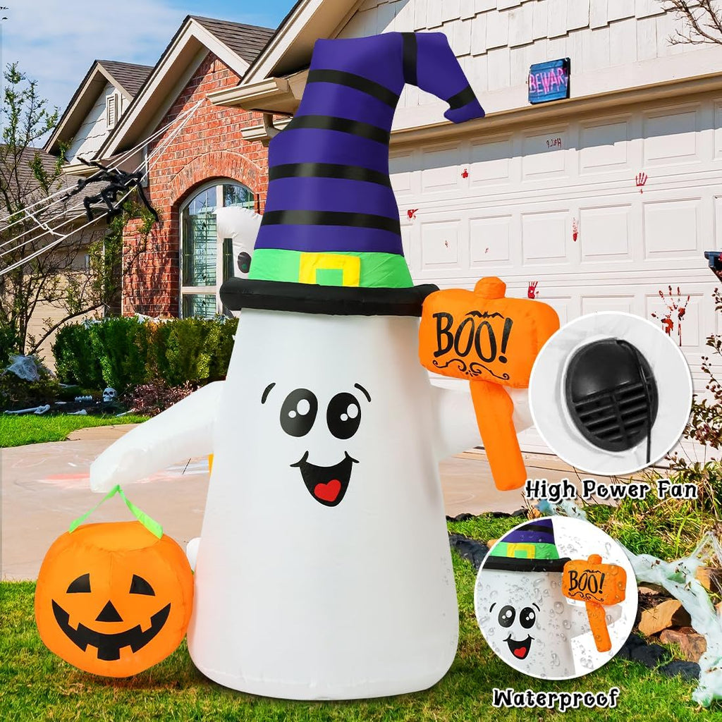 GOOSH 69110 5-Foot Halloween Wizard Ghost & Pumpkin Inflatable – White – product detail