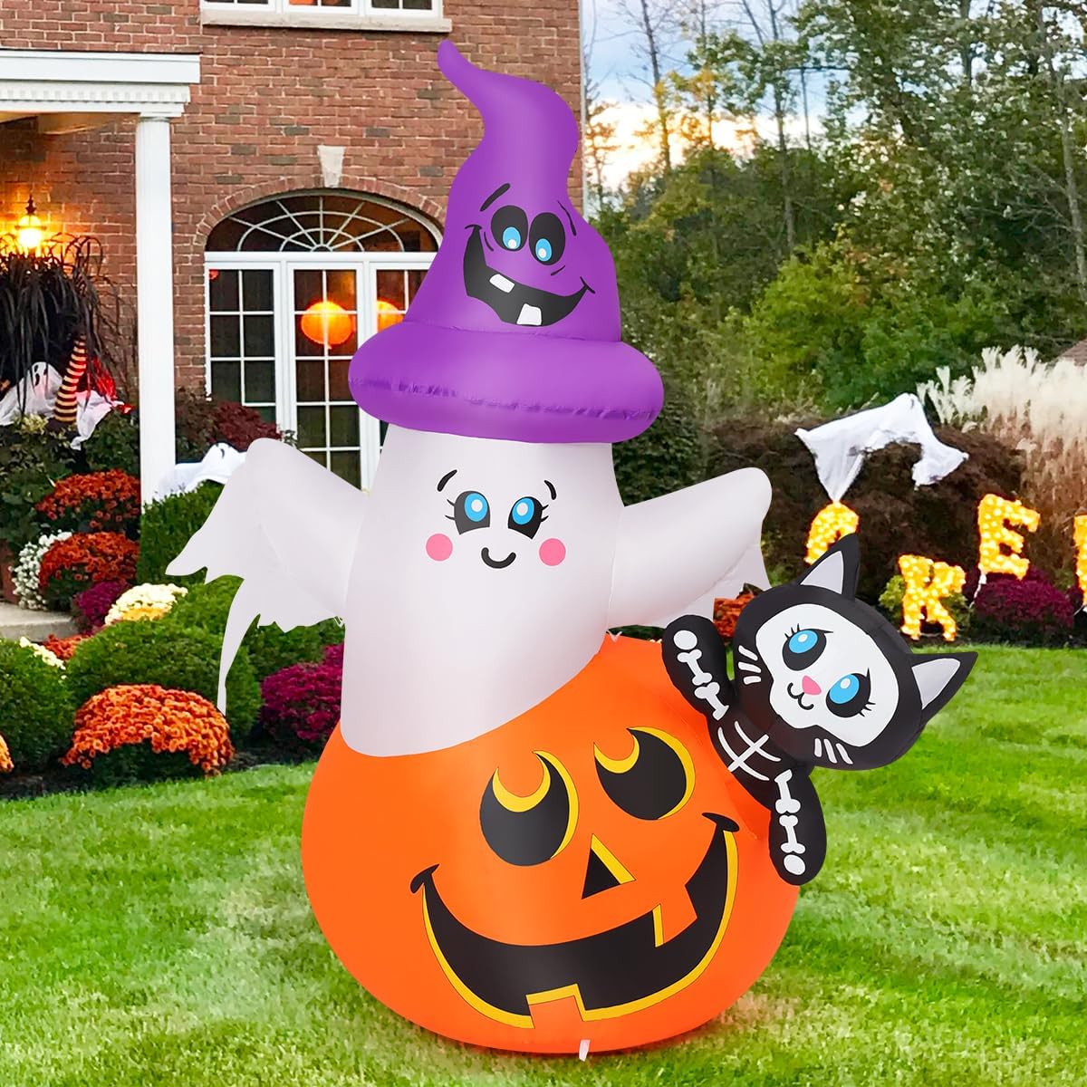 COMIN CO-69449 5-Foot Halloween Pumpkin & Ghost & Cat Inflatable – green – product detail