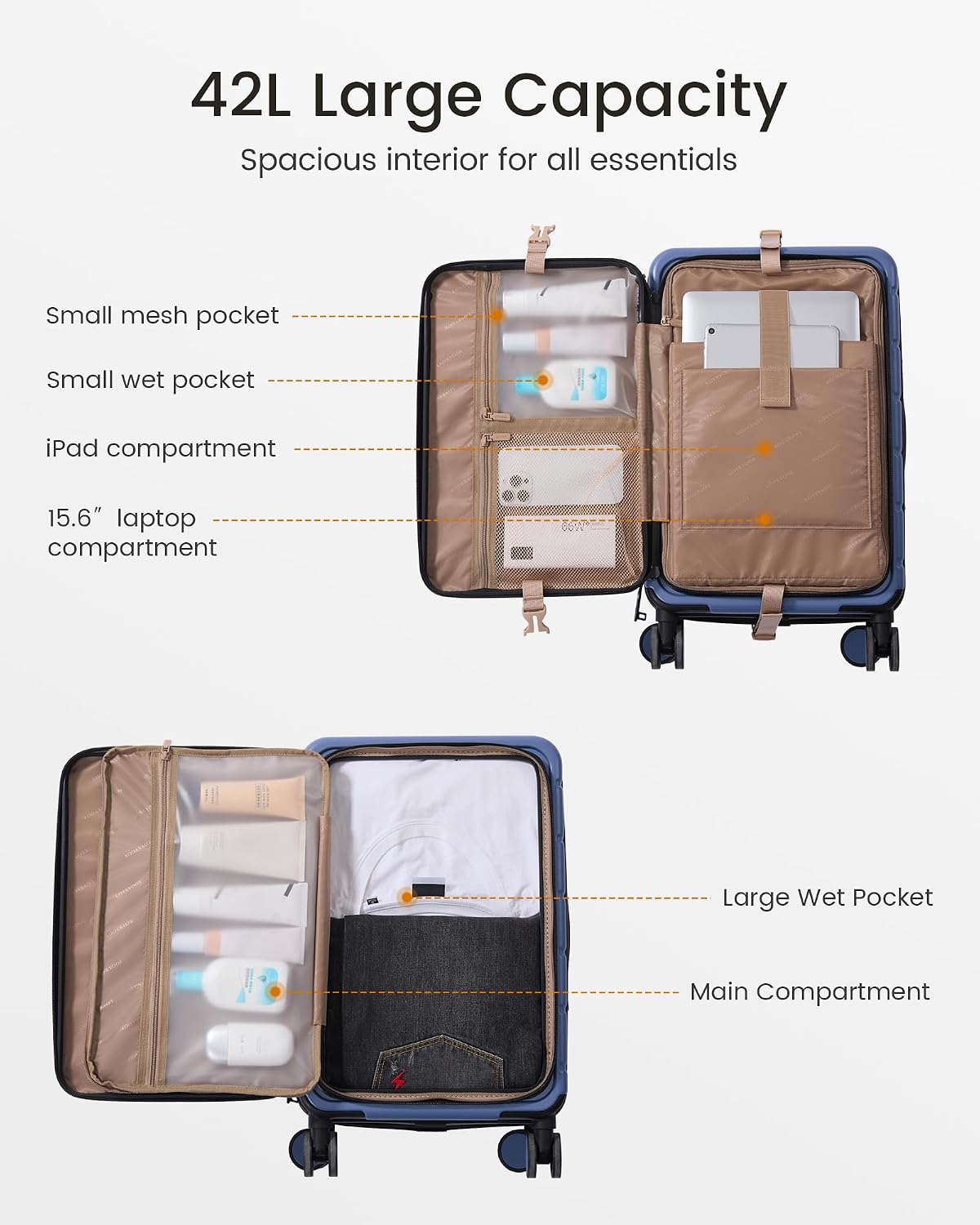 LOVEVOOK VYUB5188LK30M-T2 Hardside Carry-On Suitcase – 20 inch, Blue – Blue / 20 inch – product detail