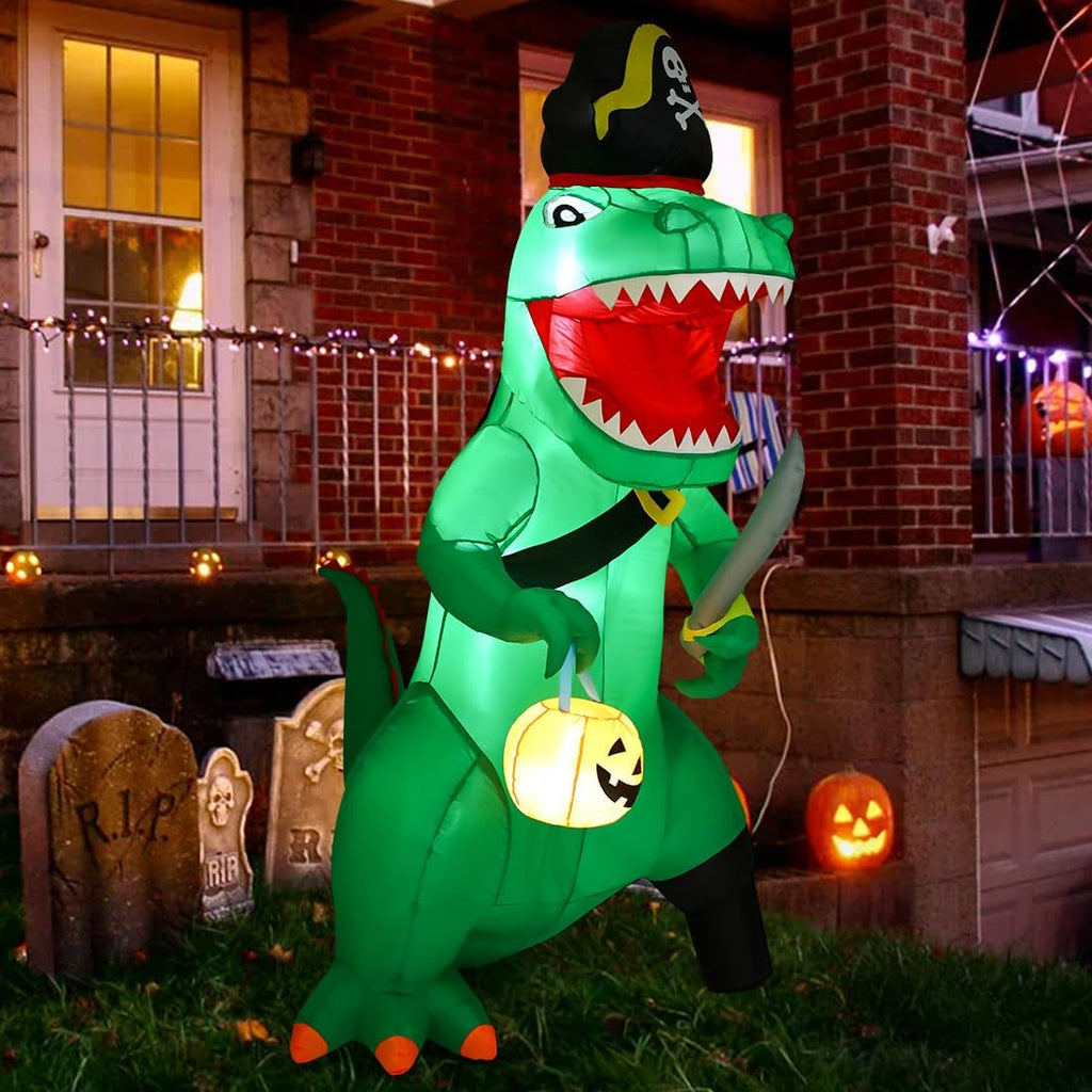 GOOSH 7-Foot Halloween Pirate Dinosaur & Pumpkin Inflatable – Green – product detail