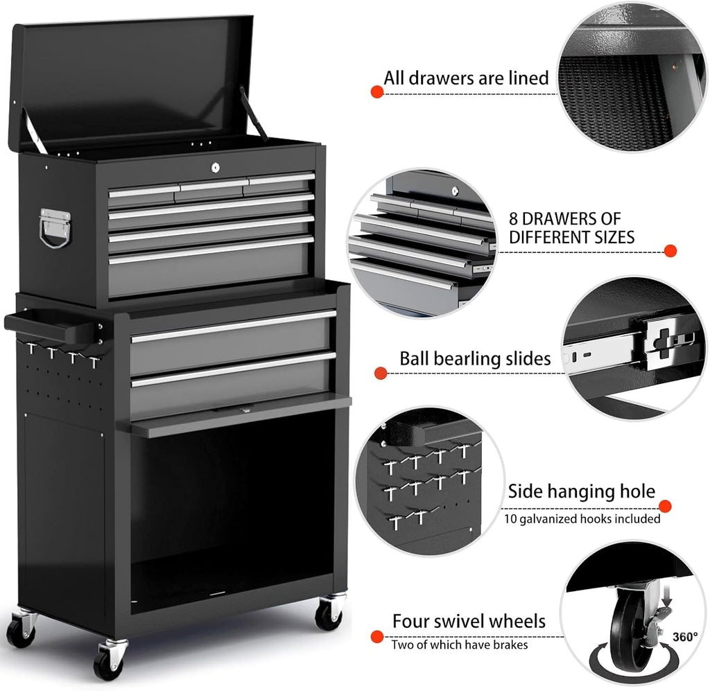 AIRAJ 327Black-tool chest 8-Drawer Rolling Tool Chest with Detachable Top – Black – product detail