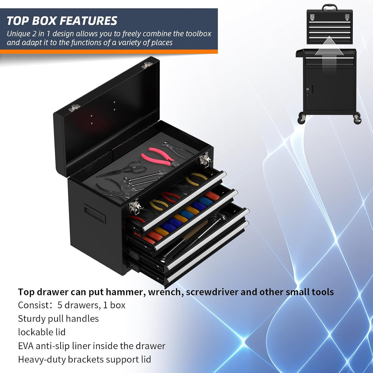 Granper 5-Drawer Rolling Tool Chest – 5-Drawer, Black – Black / 5-Drawer – product detail