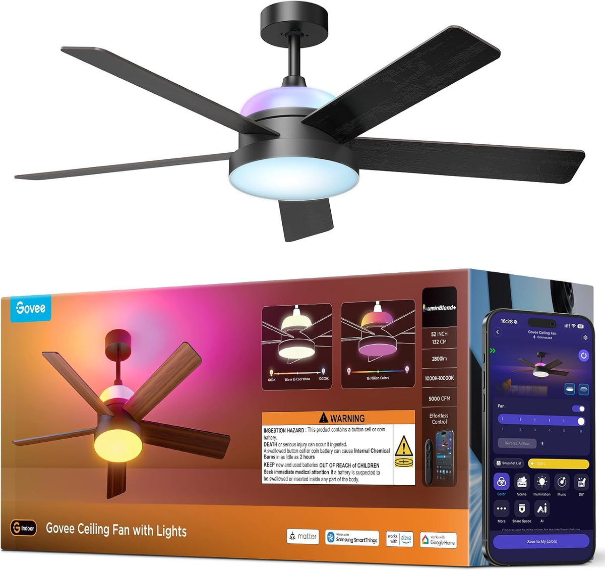 Govee 52-Inch Smart Ceiling Fan with RGBIC Lighting, Black