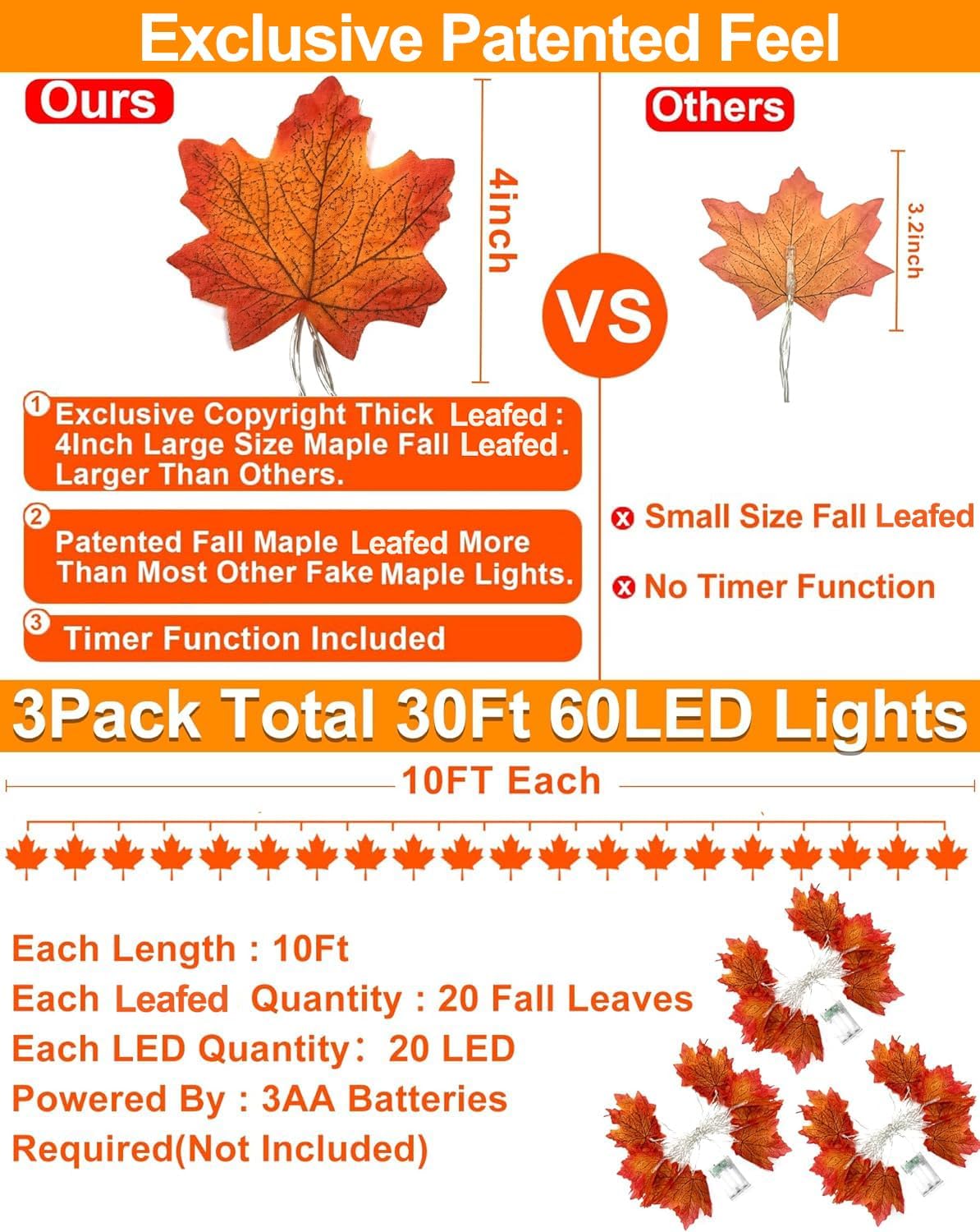 TURNMEON 3-Pack 30-Foot 60-LED Maple Leaf Garland – 30FT-Maple garland, Orange&yellow – 30FT-Maple garland / Orange&yellow – product detail