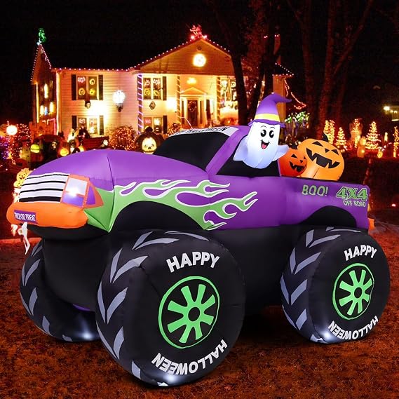 GOOSH 69469 8-Foot Halloween Monster Truck & Ghost & Pumpkin Inflatable – Purple
