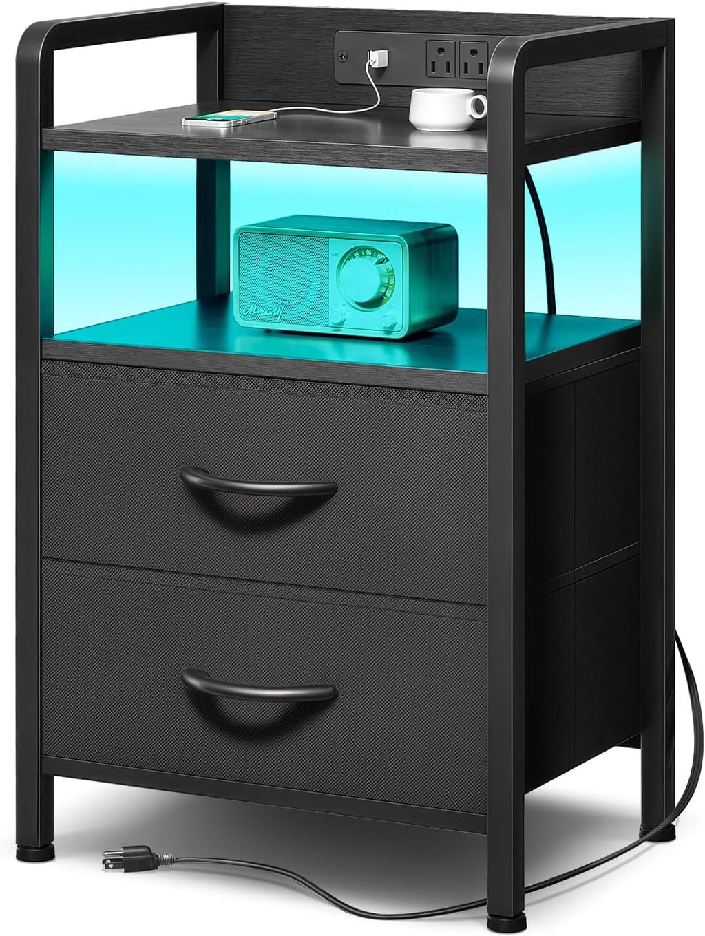 Lazzanto Two-Drawer Nightstand with Charging Station and LED Light, Black