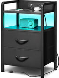Lazzanto Two-Drawer Nightstand with Charging Station and LED Light, Black