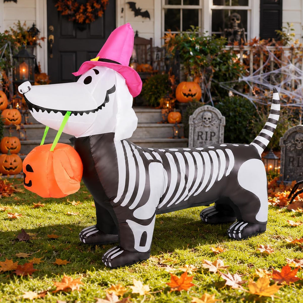GOOSH 5.5-Foot Halloween Skeleton Dog & Pumpkin Inflatable – White – product detail