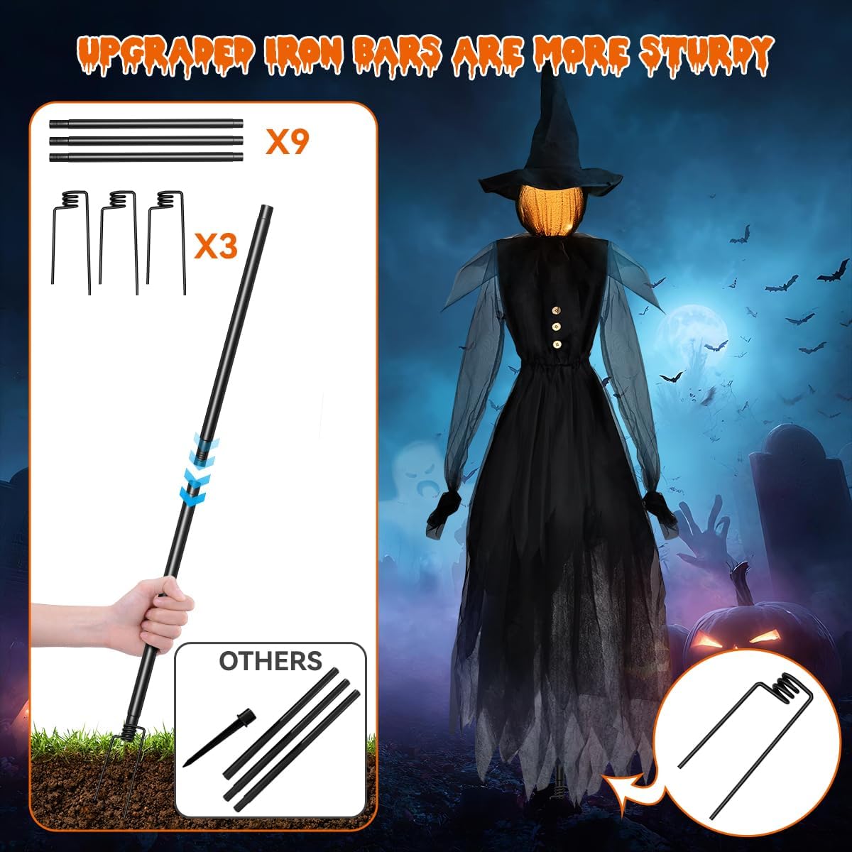 Jibeufi Hlw-witch-3pcs 3-Pack 4.9-Foot Lighted Halloween Witch Stakes – black – product detail