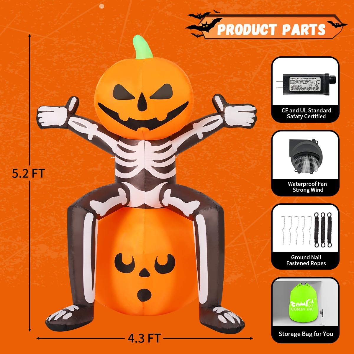 COMIN 69265 5-Foot Halloween Skull & Skeleton & Pumpkin Inflatable – Orange, Black, White – product detail