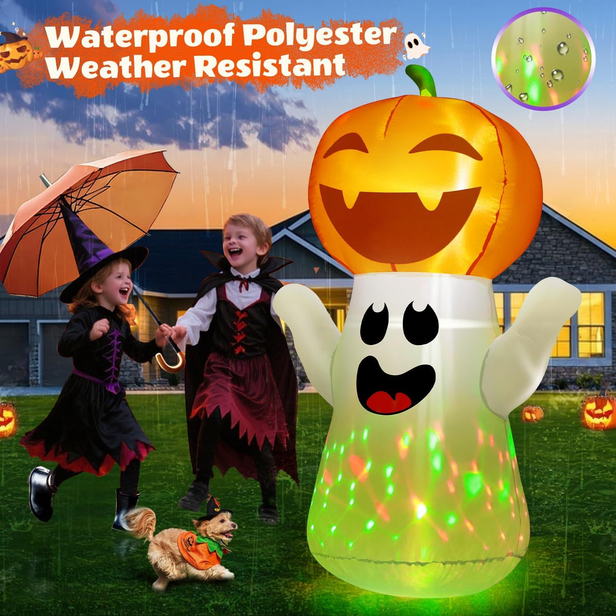 zukakii QM-WS-019 5-Foot Halloween Pumpkin & Ghost Inflatable – White – product detail