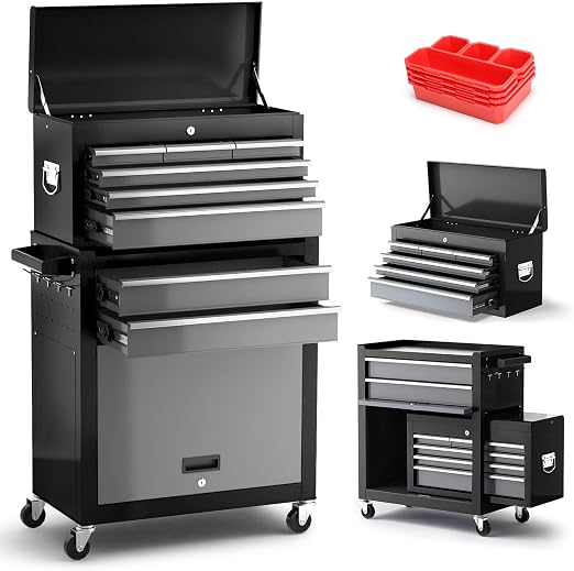 AIRAJ 327Black-tool chest 8-Drawer Rolling Tool Chest with Detachable Top – Black