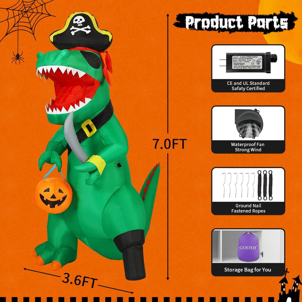 GOOSH 7-Foot Halloween Pirate Dinosaur & Pumpkin Inflatable – Green – product detail