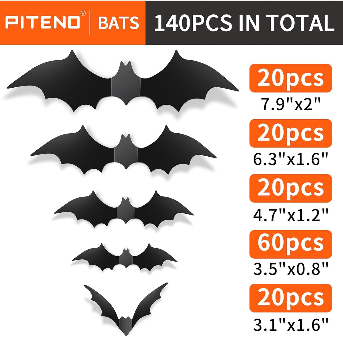 Piteno BF140 140-Piece 3D Halloween Bat Wall Sticker Set – Standard, Black – Standard / Black – product detail