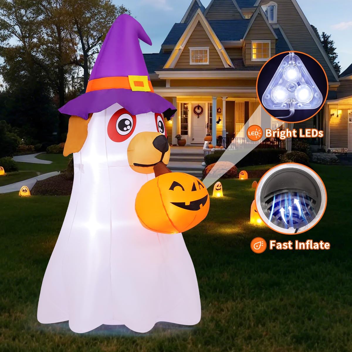 GOOSH 69431 6.2-Foot Halloween Dog & Ghost & Pumpkin Inflatable – White – product detail