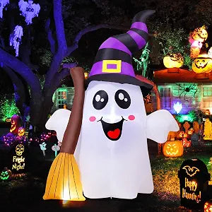 GOOSH 69483 6.2-Foot Halloween Ghost with Broom Inflatable – White and Black