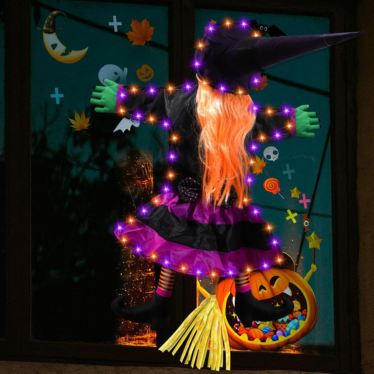 ILLUMINEW 001 Solar-Lighted Halloween Crashing Witch Decoration – Orange Purple – product detail