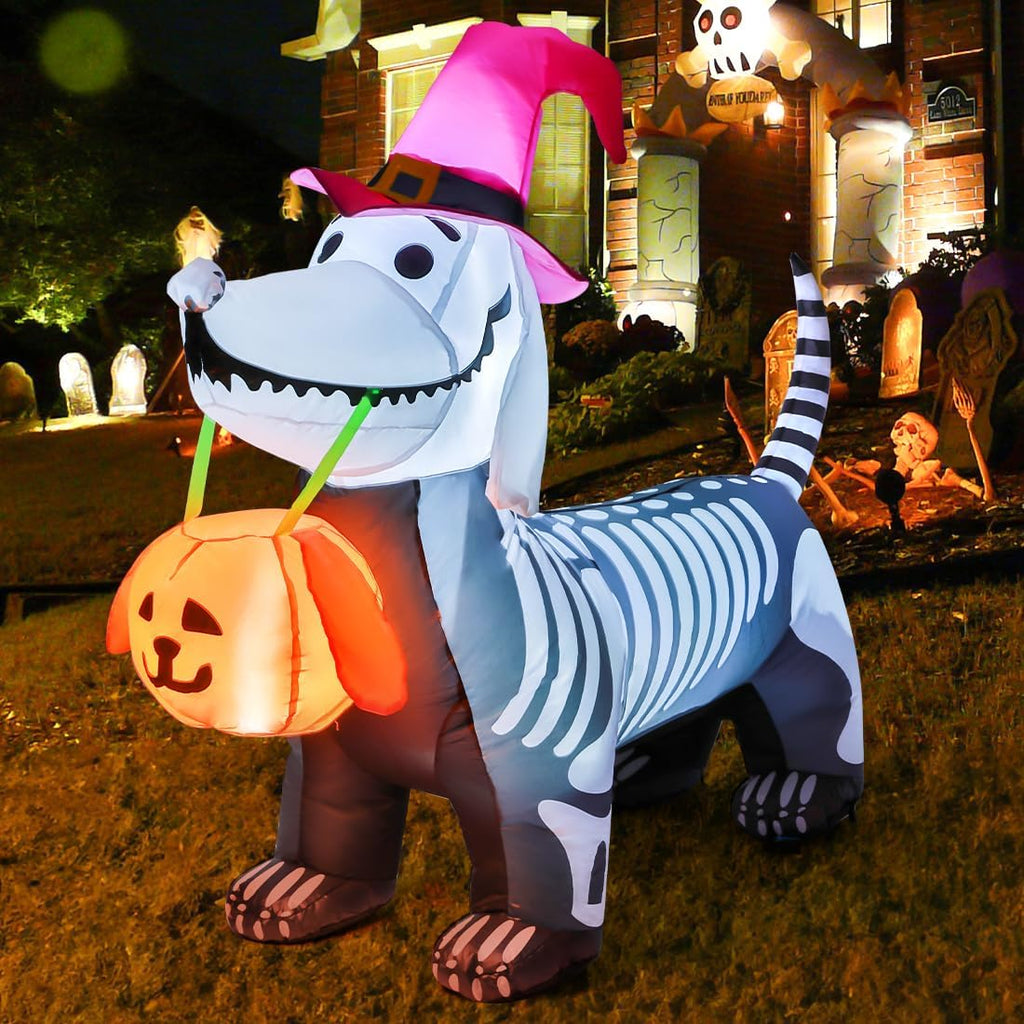 GOOSH 5.5-Foot Halloween Skeleton Dog & Pumpkin Inflatable – White – product detail