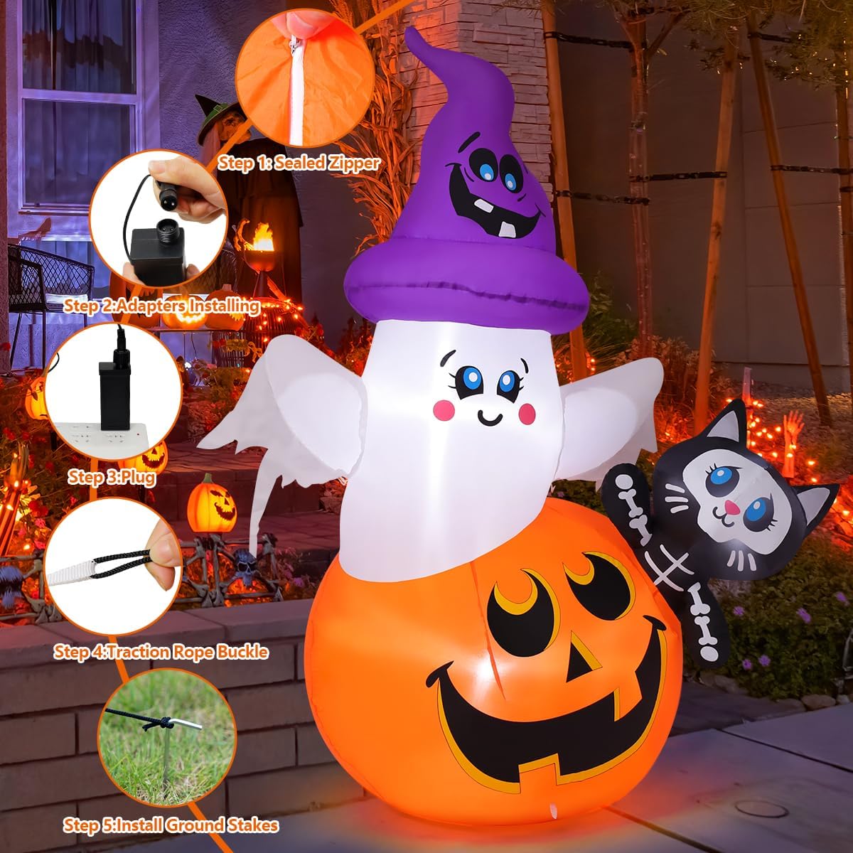 COMIN CO-69449 5-Foot Halloween Pumpkin & Ghost & Cat Inflatable – green – product detail