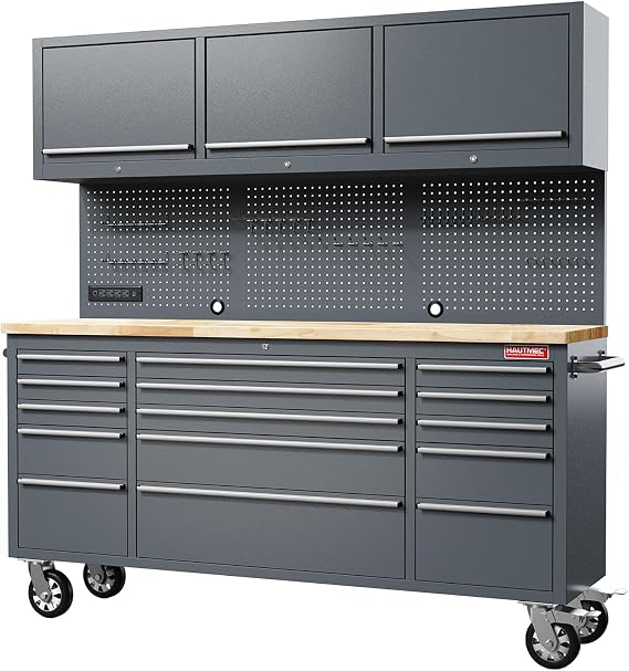 HAUTMEC HT0428-TC 72-Inch Rolling Workbench with 15 Drawers and Upper Cabinets – Gray