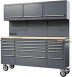 HAUTMEC HT0428-TC 72-Inch Rolling Workbench with 15 Drawers and Upper Cabinets – Gray