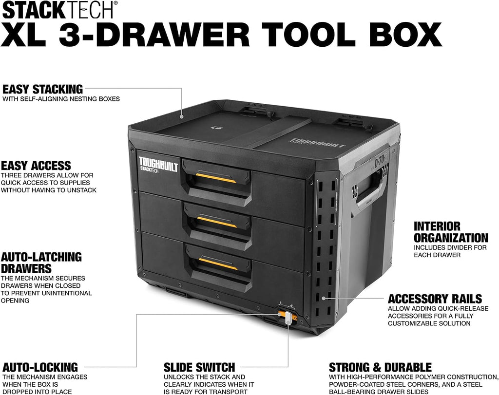 ToughBuilt TB-B1-D-70-3 StackTech XL 3-Drawer Tool Box – 3 Drawer, Black – 3 Drawer / Black – product detail