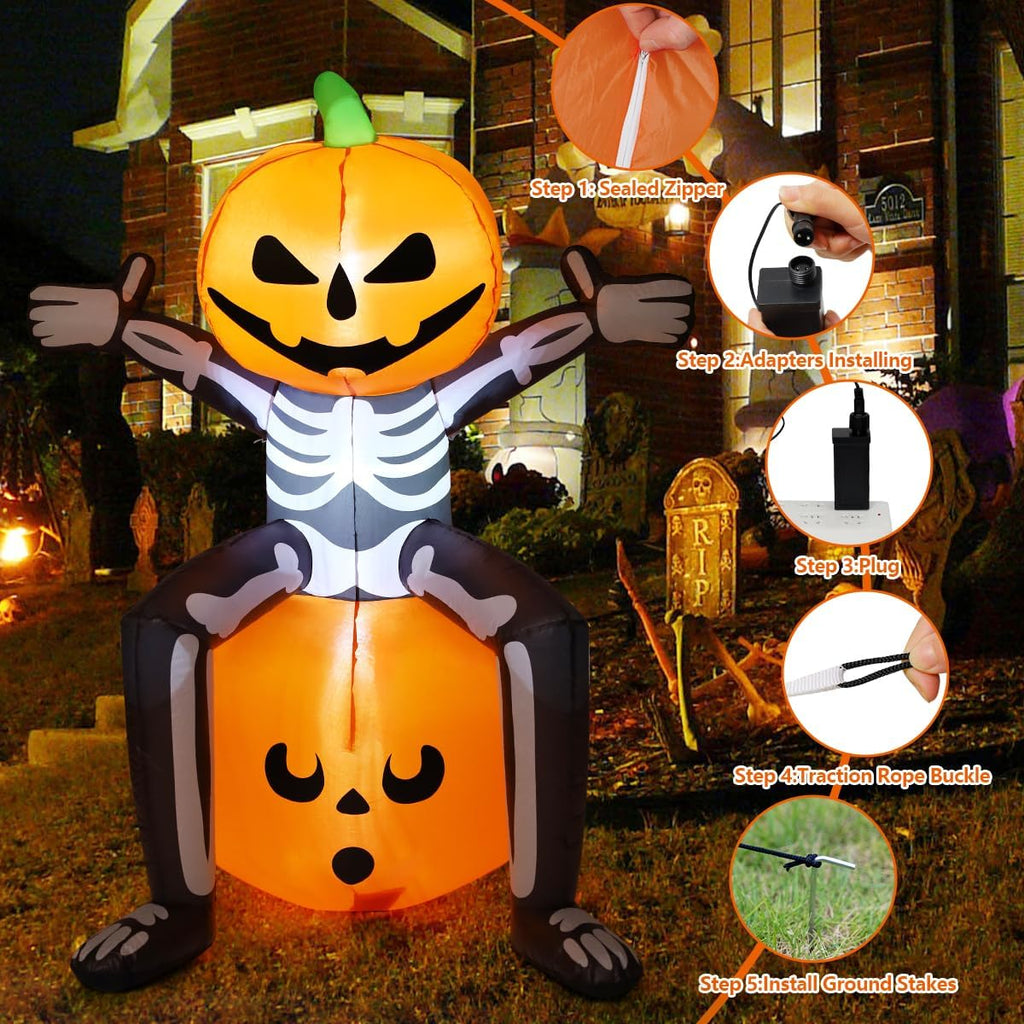 COMIN 69265 5-Foot Halloween Skull & Skeleton & Pumpkin Inflatable – Orange, Black, White – product detail