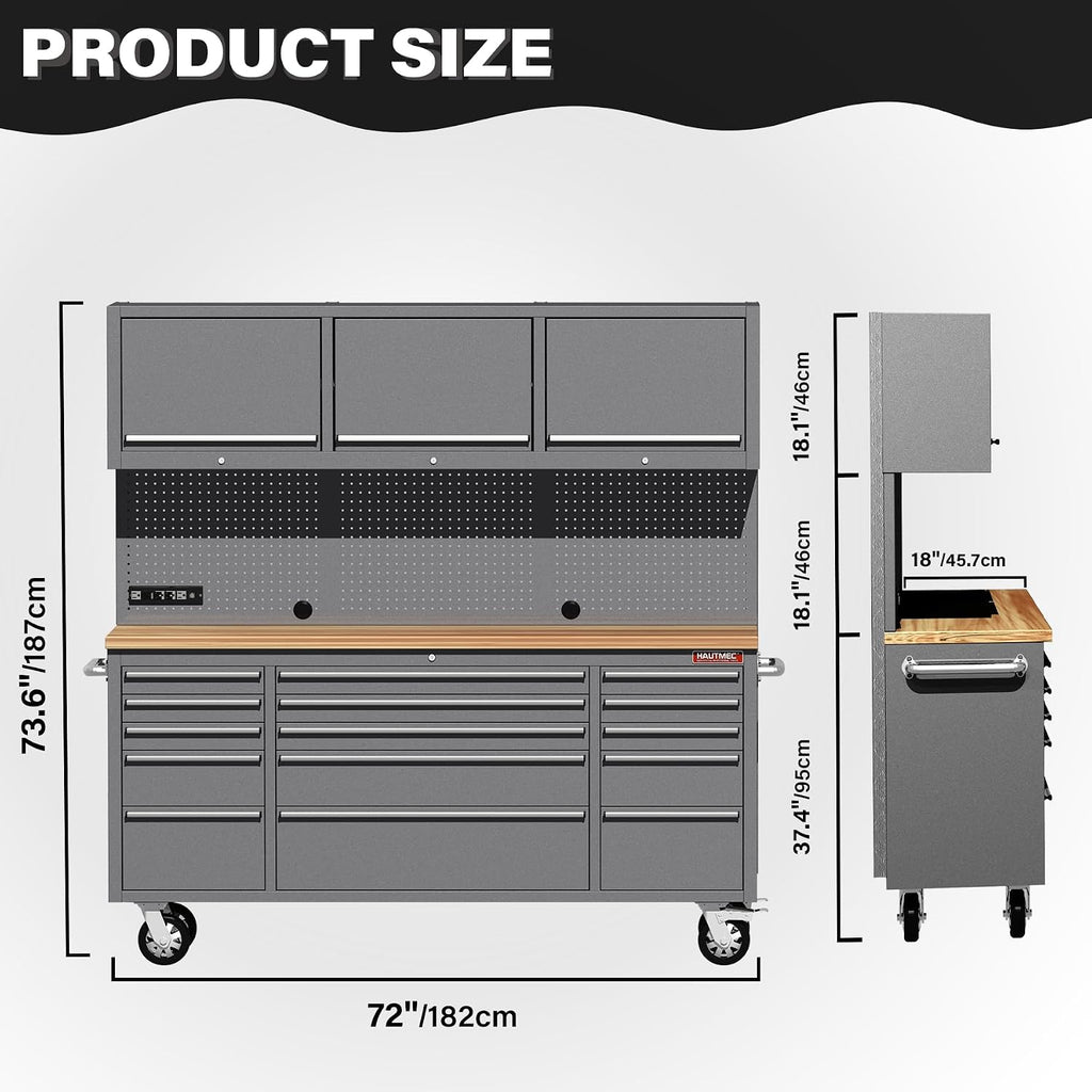 HAUTMEC HT0428-TC 72-Inch Rolling Workbench with 15 Drawers and Upper Cabinets – Gray – product detail