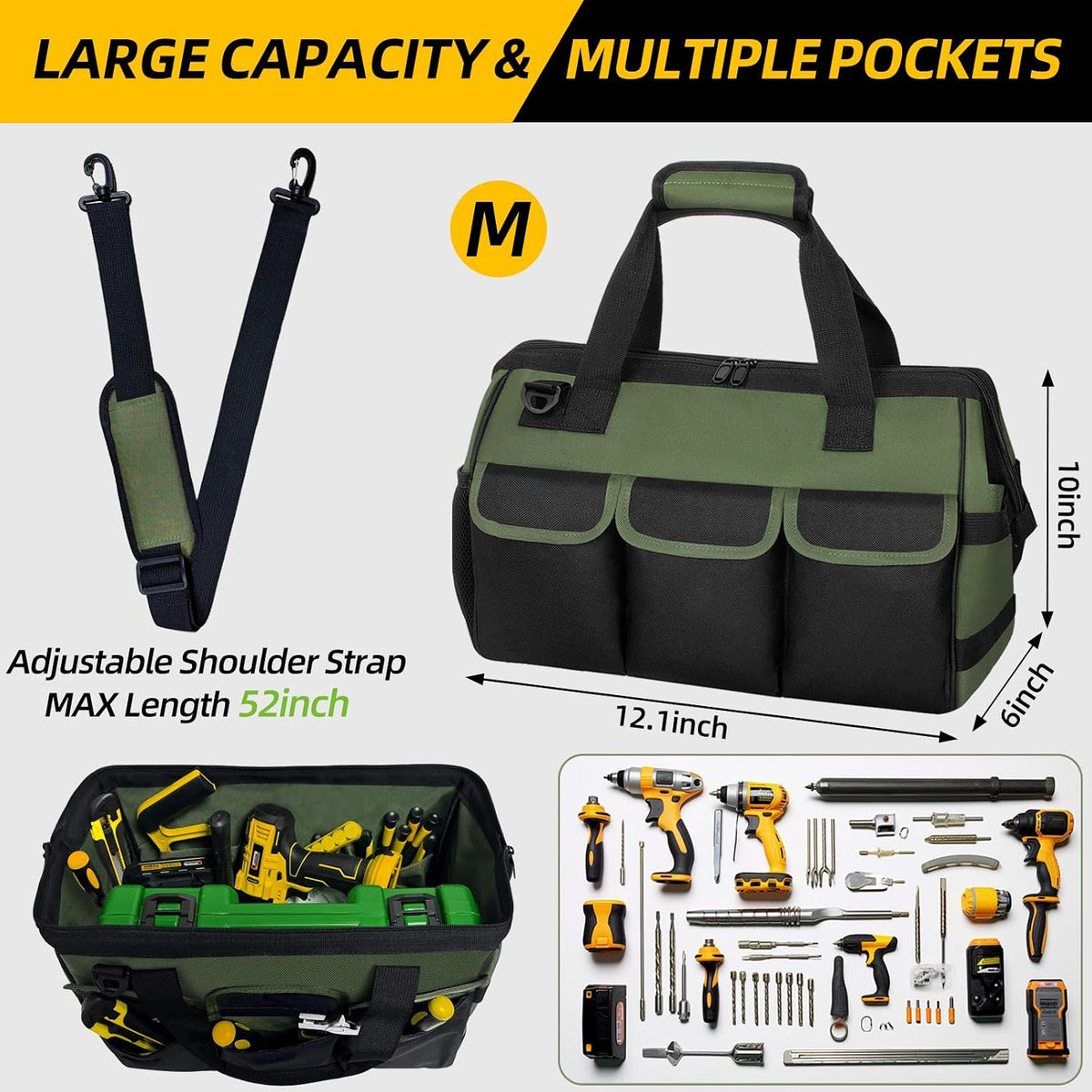 NECKORY QI-065 Wide-Mouth Tool Bag with Shoulder Strap – M, Army Green & Black – M / Army Green & Black – product detail