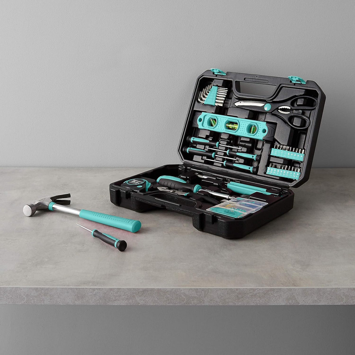 Amazon Basics 142-Piece Household Tool Kit with Storage Case – Turquoise – product detail