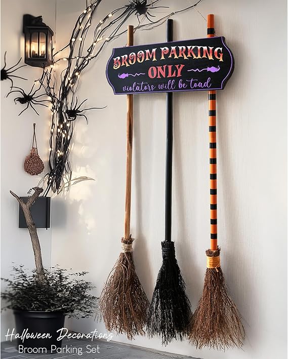 ORIENTAL CHERRY Halloween Broom Parking Sign with Three Wooden Brooms – Black