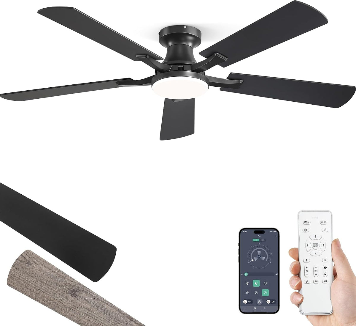 ZMISHIBO 52-Inch Flush-Mount Ceiling Fan with LED Light, Black