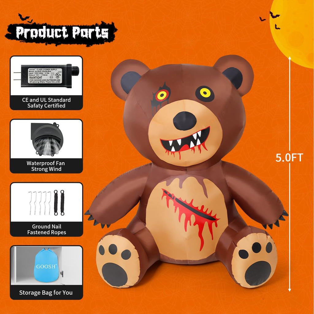 GOOSH 69729 5-Foot Halloween Teddy Bear Inflatable – Brown and Red – product detail