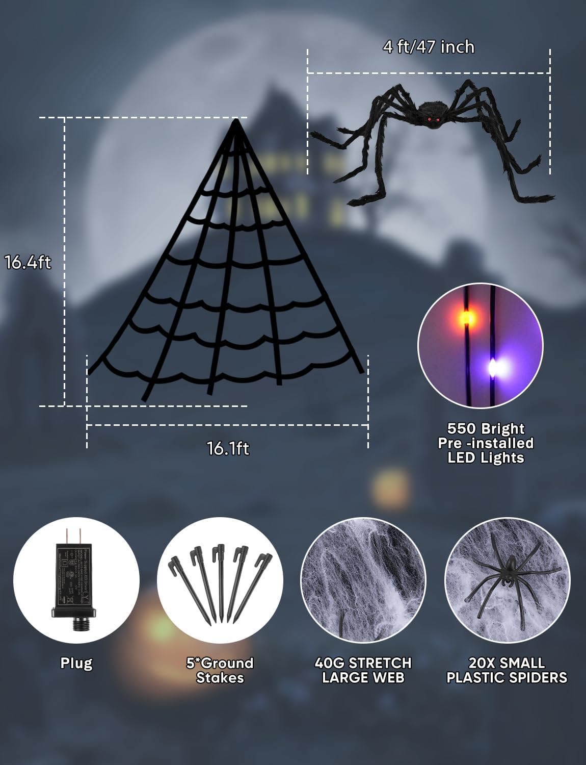 VITI HYT-0451400 550-LED Halloween Spider Web Lights with Spider – Purple Orange – product detail