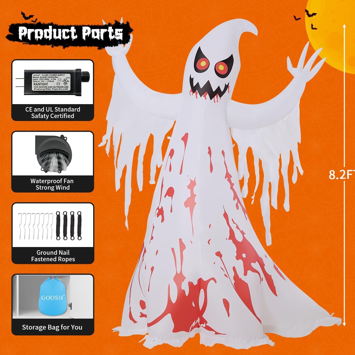 GOOSH 69589 8.2-Foot Halloween Ghost Inflatable – White and Red – product detail