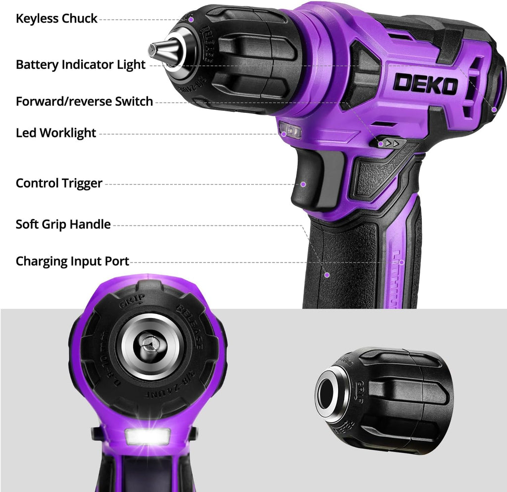 DEKOPRO 126-Piece Cordless Drill and Hand Tool Set – Purple – product detail