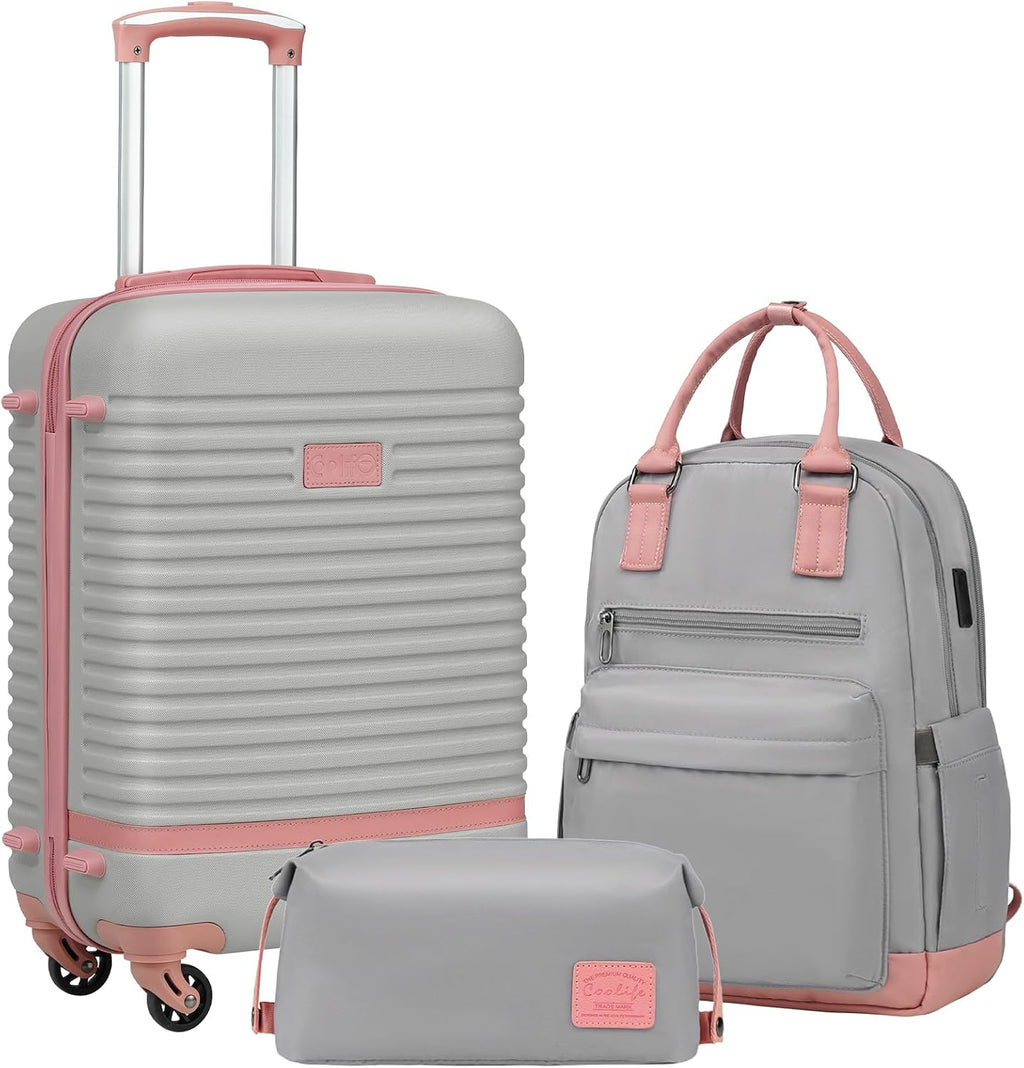 Coolife Luggage Set – 3 piece set (BP/TB/20), Gray+Pink