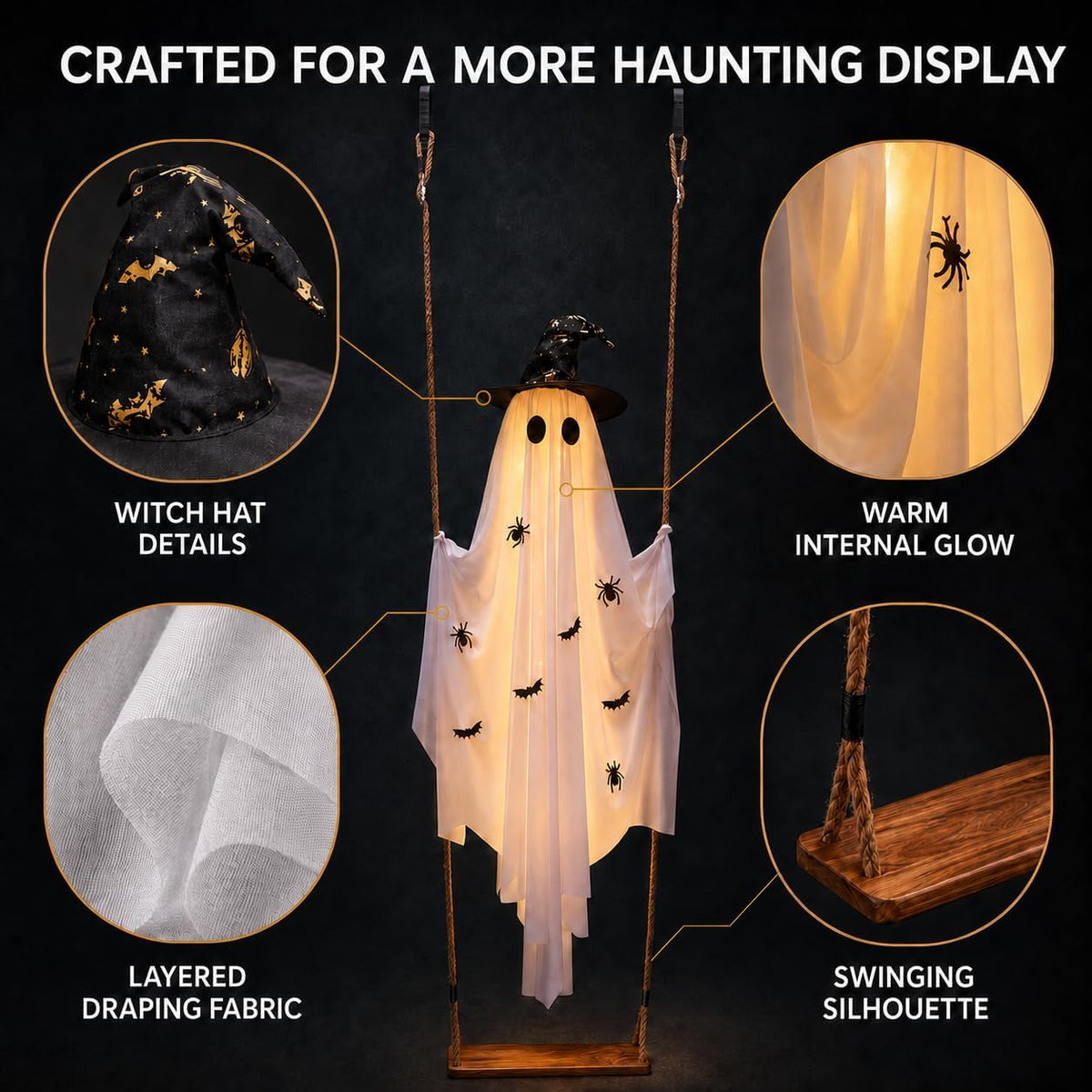 CRILARY Hlwn-ghost-01 5.9-Foot Lighted Halloween Swinging Ghost – white – product detail
