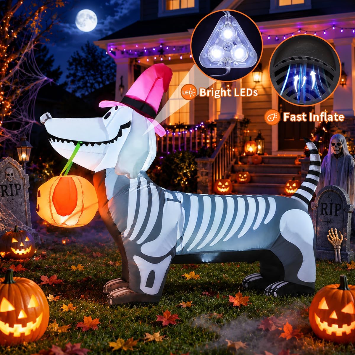 GOOSH 5.5-Foot Halloween Skeleton Dog & Pumpkin Inflatable – White – product detail